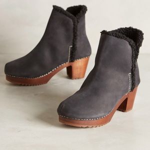 Black suede clogs from Anthropologie